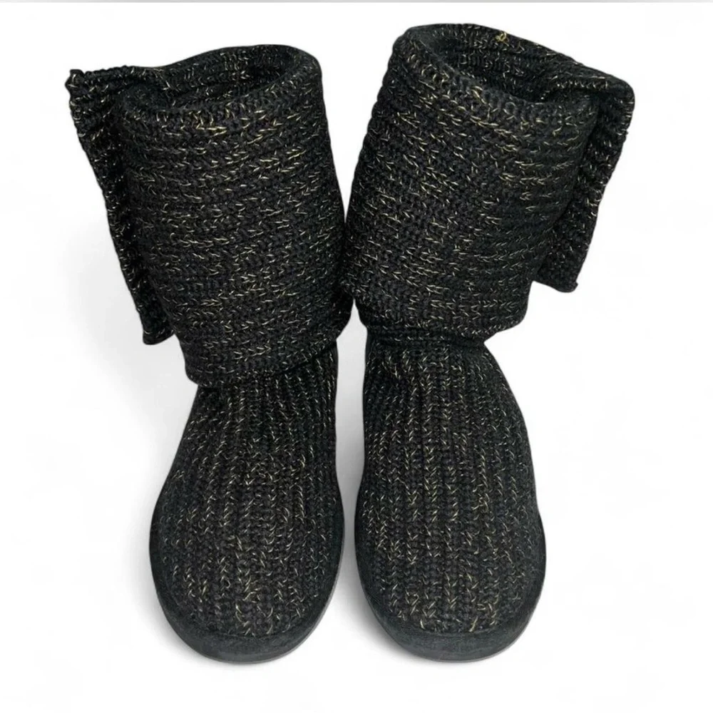 UGG Black Metallic Sweater Knit Cardy Button Boots Size 7 Fall Winter Cozy⁠